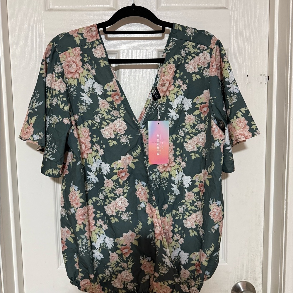 Bloom Floral V-Neck Blouse - Green and Pink